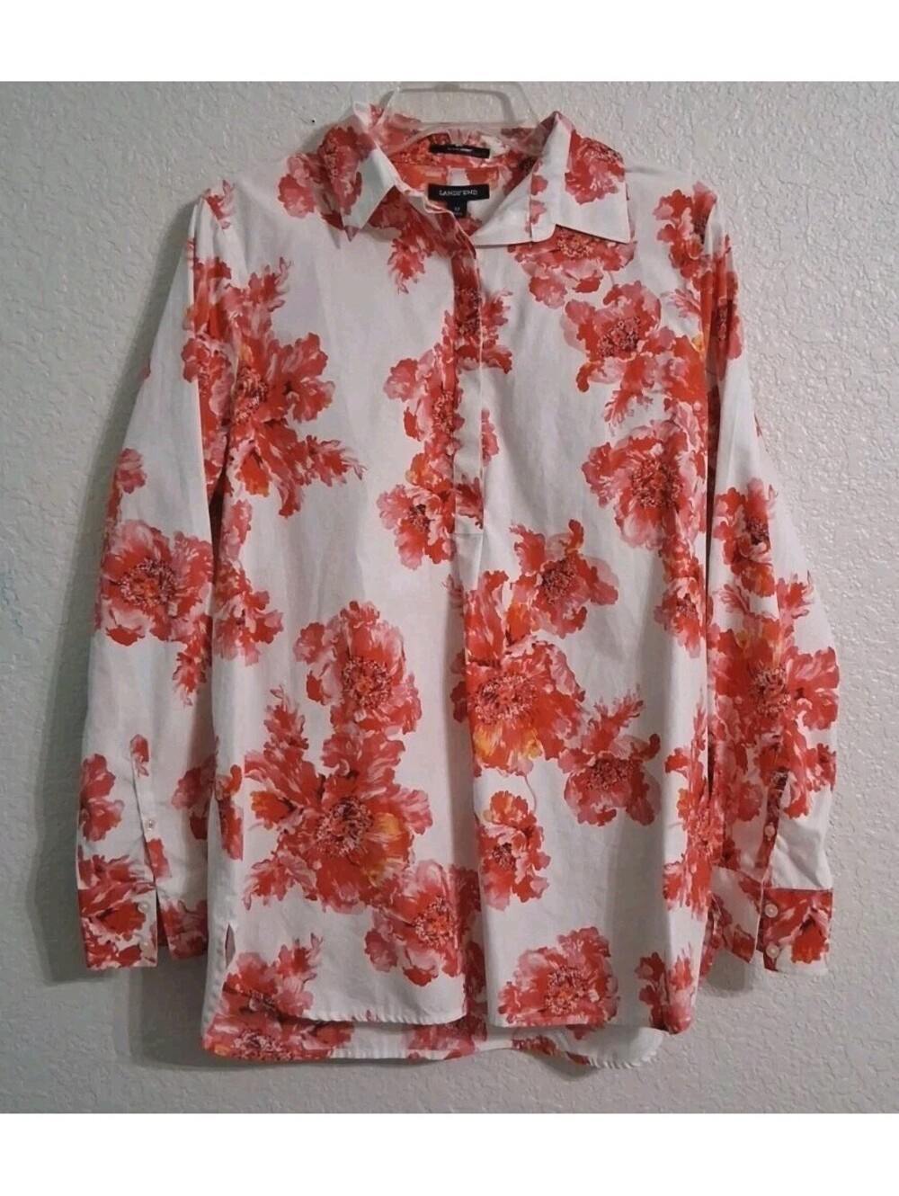 Lands End Red Floral White Collared Women's 100% Cotton Blouse Size 12, EUC